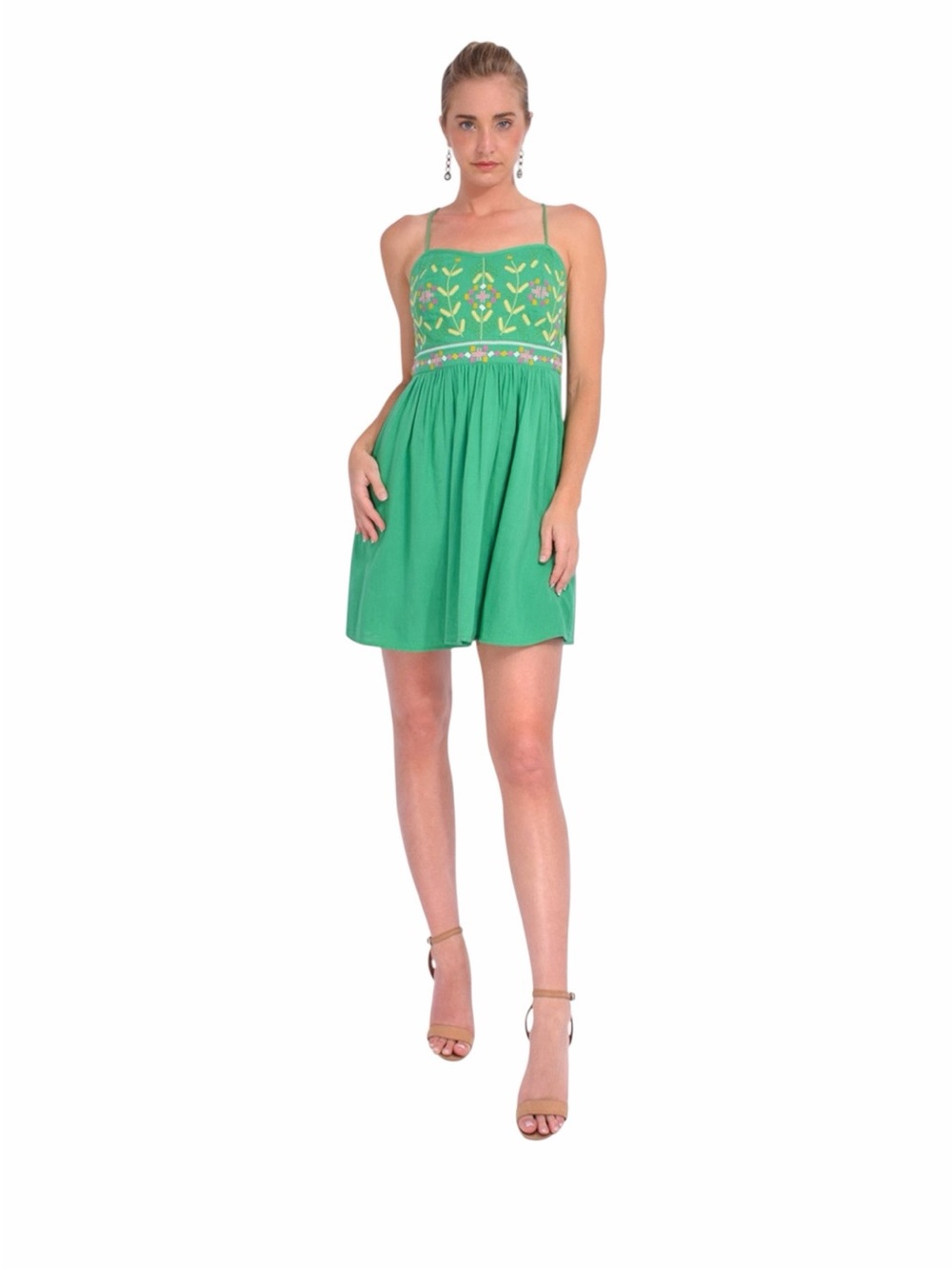 ba&sh - Kika Green Embroidered Strappy Mini Dress Boho Sz M